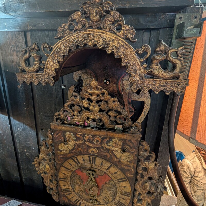 Danish Frisian Stocklok, 18th C, Handpainted<br />
Glass, Metal Accents<br />
12w x 10d x 28h<br />
Owner said it works, we have not tested.