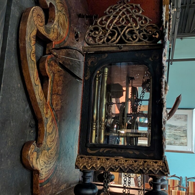 Danish Frisian Stocklok, 18th C, Handpainted<br />
Glass, Metal Accents<br />
12w x 10d x 28h<br />
Owner said it works, we have not tested.