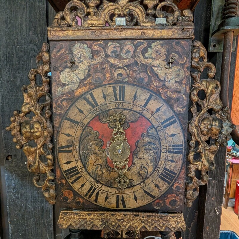 Danish Frisian Stocklok, 18th C, Handpainted<br />
Glass, Metal Accents<br />
12w x 10d x 28h<br />
Owner said it works, we have not tested.