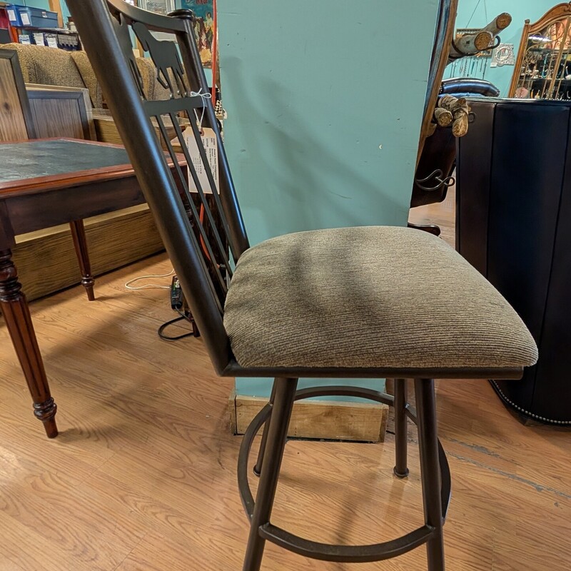 Metal Slat Back Barstools W/Horses, Tan Fabric<br />
18 x 24 x 44h<br />
Seat Height 30in