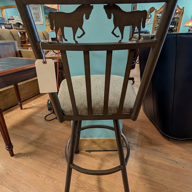 Metal Slat Back Barstools W/Horses, Tan Fabric<br />
18 x 24 x 44h<br />
Seat Height 30in
