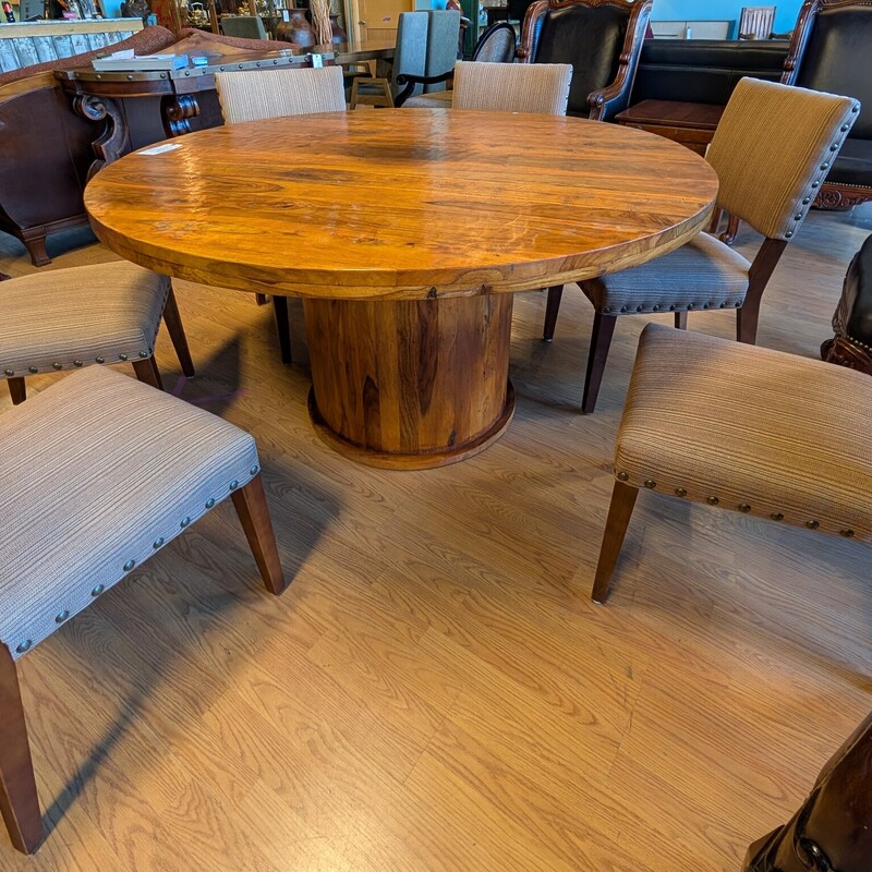 Round Wood Cylinder Base, Four Hands, 6 Chairs
58in Round
Chairs 20 x 21 x 35h