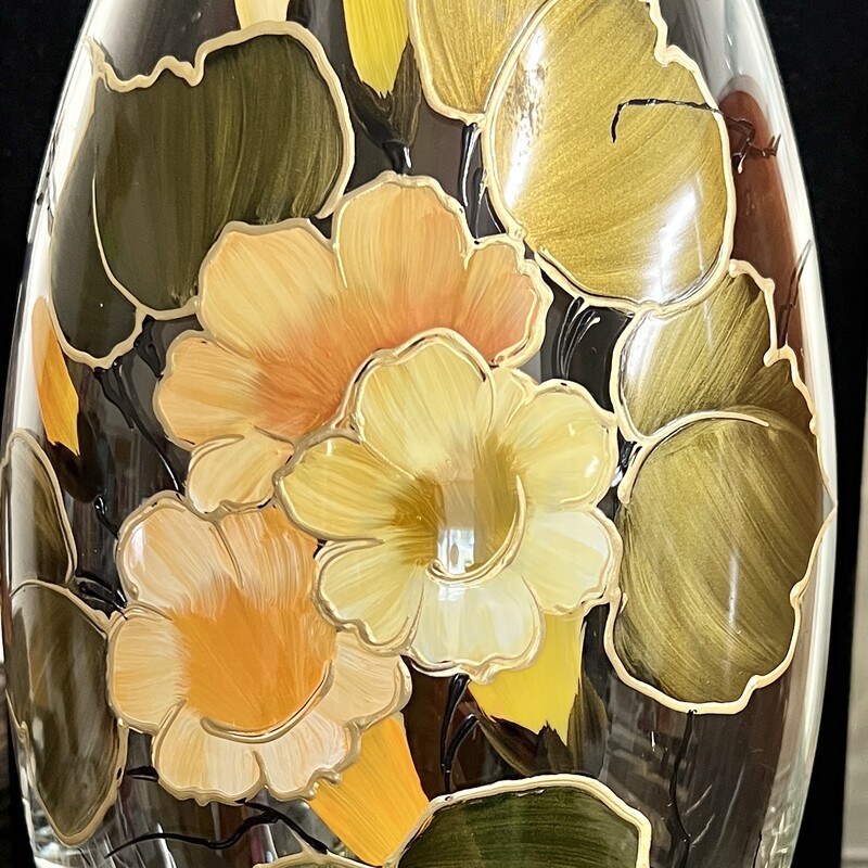 Vase Painted Flowers, Glass, Size: 9 H