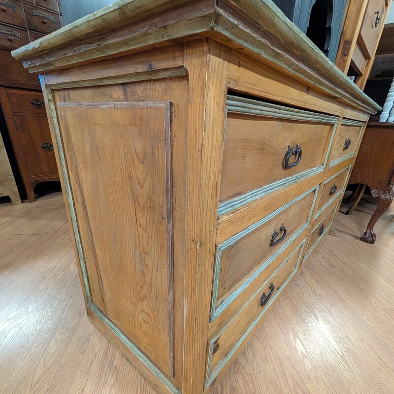 Rustic Pine W/Green Accent, Light Stain, 6 Drawer<br />
66 x 23 x 33h