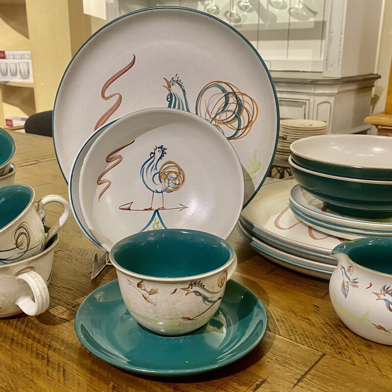 Dish Set Stoneware, Denby Flair, Rooster,
Size: 25 Pc Set

5 Dinner Plates, 4 Dessert Plates, 3 Bowls, 5 Cups,
7 Saucers, 1 Creamer
