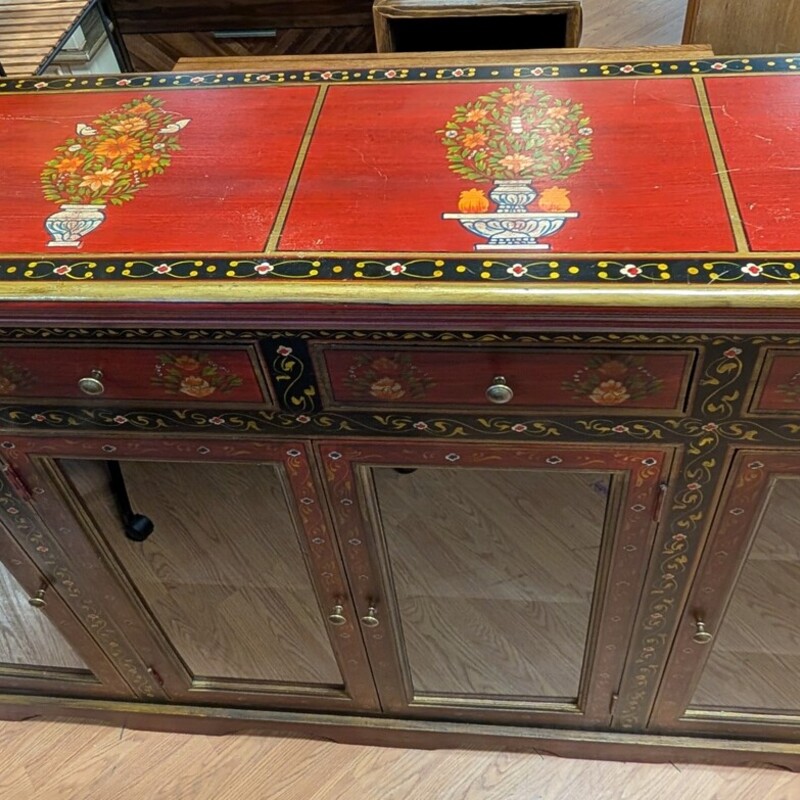 Painted India 4 GlassDoor, 4 Drawer, Floral<br />
78 x 18 x 53h