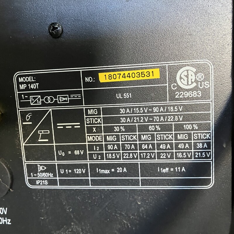 Inverter Mig, Flux Core, DC Stick Welder,  Metal Man 140 Amp 120-Volt Input Power Inverter Mig, Flux Core, DC Stick Welder<br />
<br />
The METAL MAN Inverter Powered MP140T is a portable DC inverter wire feed welder capable of welding with solid wire (with shielding gas) or with flux core wire. It comes ready to accept part number EZFSG2 optional Spool Gun for welding aluminum. This machine also has smooth DC stick capabilities and the ability to perform lift start DC TIG welding on steel and stainless steel materials with part number ACTT1, the optional TIG Torch. This METAL MAN Inverter Powered MP140T is capable of MIG welding 3/16 in. steel in a single pass. It uses leading edge Inverter Technology to provide high quality welds that are crisp, clean and consistent with plenty of power that will impress the most experienced of welders. Stick weld with electrodes up to 3/32 in. with this exceptionally smooth DC stick welding output. Stick weld on materials such as steel, stainless steel, cast iron, hard facing and aluminum. This unit is an exceptional multi-process machine. Typical applications for include home/hobbyist, construction, auto repair, farm and ranch and light industrial applications.<br />
<br />
Highlights<br />
Can be used on 120-Volt standard household power<br />
Wire feed welder capable of MIG welding and flux core welding<br />
DC stick welder<br />
DC tig welding capable with optional ACTT1 TIG torch<br />
MIG weld aluminum with optional EZFSG2<br />
Infinite wire speed and voltage controls<br />
Features a spot timer for consistently timed spot welds<br />
Process selector switch for MIG welding, MIG welding with a spool gun and DC stick/tig welding<br />
Includes MIG gun, drive rolls, contact tips, regulator and gas hose needed for MIG welding<br />
Includes an electrode holder and cable for DC stick welding<br />
30% duty cycle at 90 Amp<br />
30 Amp to 140 Amp welding output