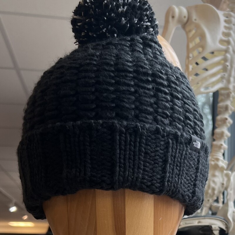 Blk Knit Puff Ball Hat