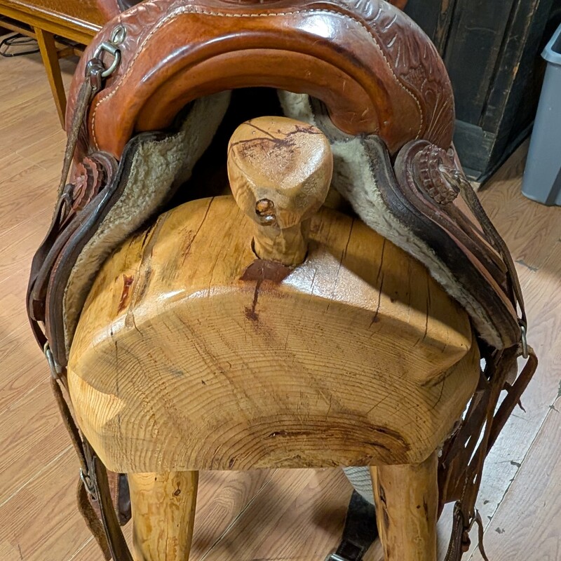 Handtooled Leather Saddle, Vintage, W/stand