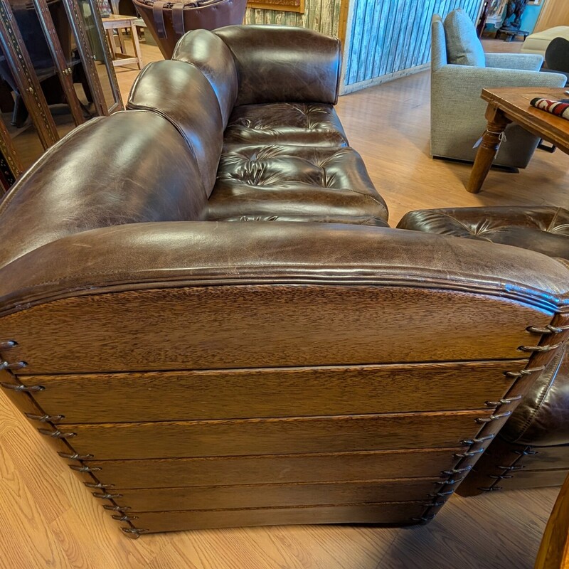 Tonga Modular 4pc Cocoa, Leather, Palmwood<br />
96w x 33d x 32h<br />
Ottoman 27 x34