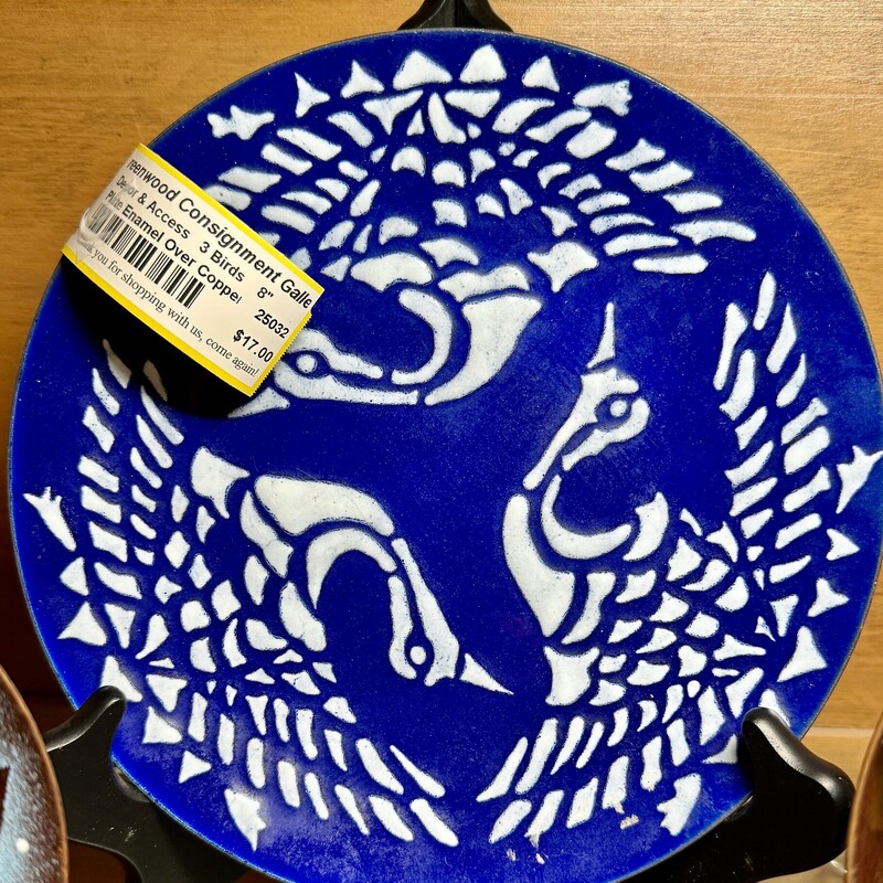 Plate Enamel Over Copper, 3 Birds, Size: 8