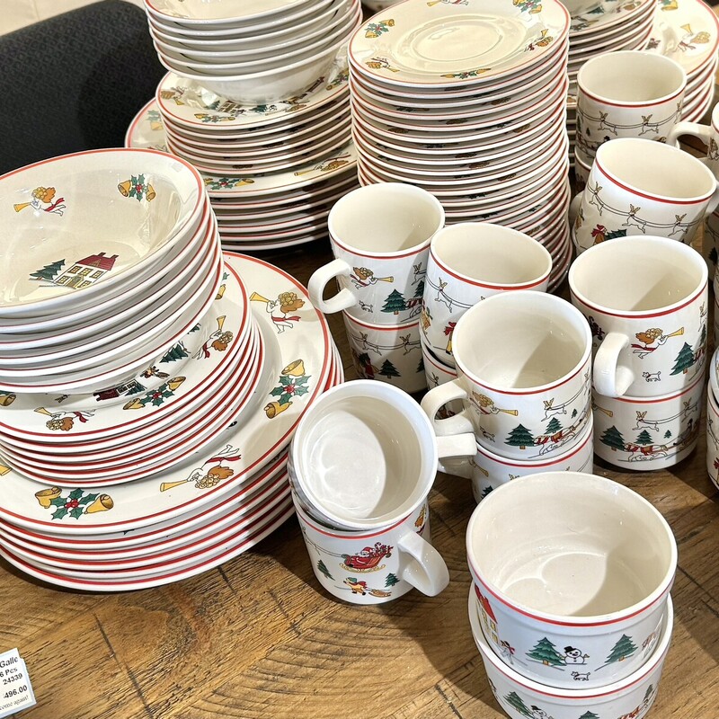 Dish Set by Jamestown Joy Of Christmas, Holiday,
Size: 30 Pc Set

6 Dinner Plates, 6 Salad/Dessert Plates, 6 Soup Bowls, 6 Cups, 6 Saucers

4 sets available
