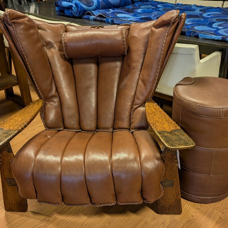 Verite Armchair & Footstool, Red  Brown, Metal Accents<br />
41 x 40 x 39h<br />
16h x 25w Footstool