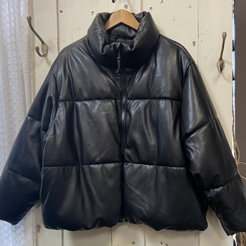 NWT Bk Faux Ltr Pffy Coat<br />
Black<br />
Size: 2X R$80