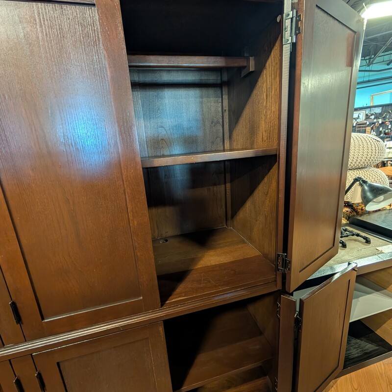 Pottery Barn Signature Armoire, Dark Stain, 4 Door<br />
Bar and Shelves, Wrap back doors<br />
49 x 27.5x77.25h