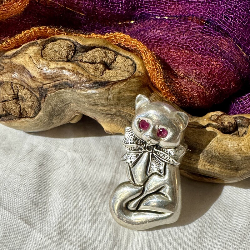Sterling pin and pendant cat pin with red eyes