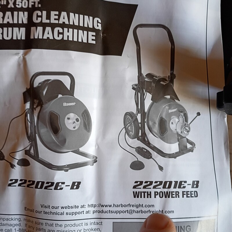Drain Cleaning Machine, Bauer 1/2 in. x 50 ft. Automatic-Feed Drain Cleaning Drum Machine<br />
<br />
NEW- Never Used<br />
<br />
This BAUER™ Automatic-Feed Drain Cleaning Drum Machine has automatic cable feed for less mess, easier operation, and faster clearing of clogs. The kink-resistant, 50 ft. steel cable has a braided inner core for clearing 2 in. to 4 in. drain lines. This drain-cleaning drum machine is equipped with a built-in handle for transport and storage. The 8 in. flat-free tires are built for reliable portability. This drain cleaner is ideal for clearing multiple types of drains including sinks, tubs, showers, and floor drains.<br />
<br />
High-torque motor turns the cable at 220 RPM to break through tough blockages<br />
Clears drain lines from 2 in. to 4 in.<br />
50 ft. steel cable navigates multiple 90° bends while resisting breakage, tangling, kinking, and corrosion<br />
Convenient air-activated foot switch lets you start and stop while maintaining control of cable<br />
One-switch direction change for controlled cable length usage<br />
Extra-durable reinforced steel frame for tackling the toughest jobs<br />
Corrosion and impact-resistant drum<br />
GFCI-protected, water-resistant power cable<br />
Built-in tool tray for quick, convenient storage of auger bit