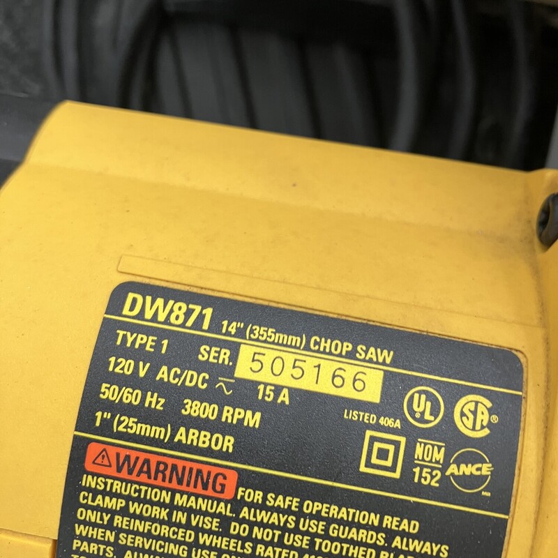 Metal Chop Saw, DeWalt, DW871<br />
Size: 14in