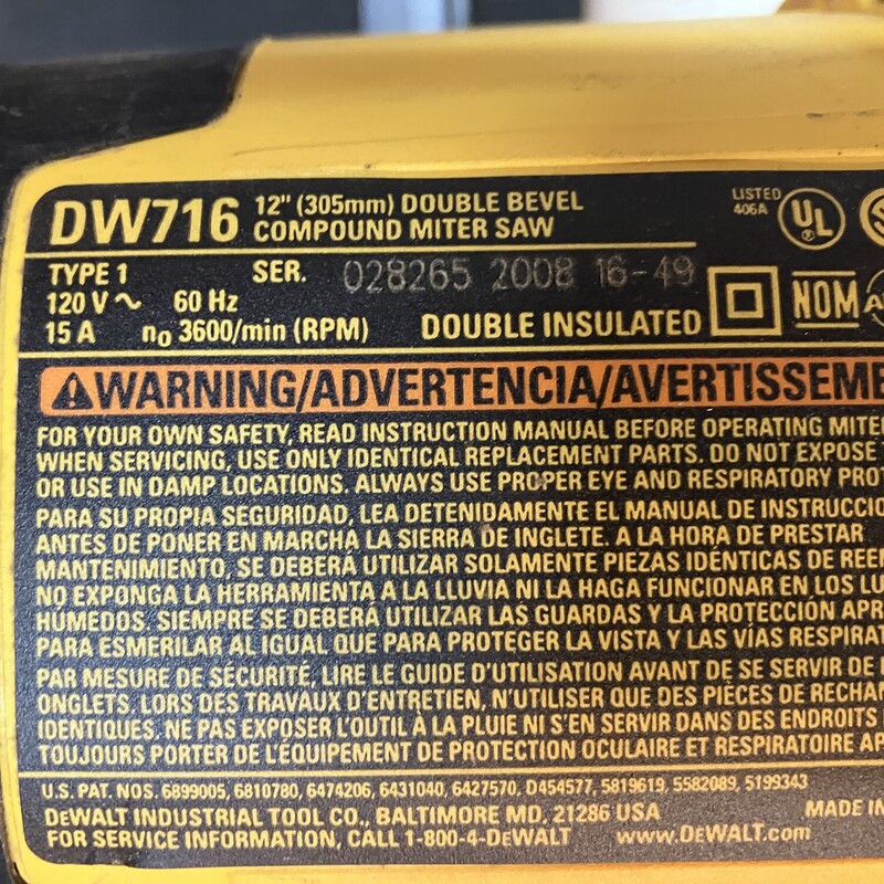 Compound Miter Saw, DeWalt, Size: 12in<br />
Double Bevel DW716
