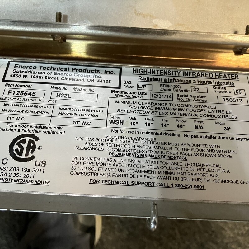 LP Radiant Heater, Heat Star by Enerco<br />
22,000 BTU Propane High Intensity Radiant Workshop Heater<br />
Heatstar High Intensity Radiant Propane heaters require no electricity and are great for use in workshops or garages. As Seen on Ask This Old House.<br />
<br />
22,000 BTU per hour<br />
For use with Liquid Propane<br />
Heats up to 500-600 sqft<br />
For use in buildings with 7 to 8ft ceilings<br />
Efficient infrared heat that directly heats people and objects which in turn heats surrounding air to desired temperature<br />
Includes adjustable thermostat for individually controlled warmth and all necessary brackets and hardware<br />
No electricity required<br />
Easy to install<br />
No moving parts to service<br />
Quiet, clean, odor-free operation<br />
Non-corrosive materials used throughout construction
