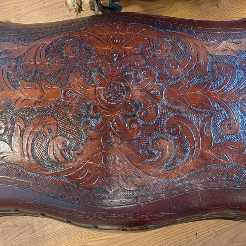 Tooled Leather Foot Stool, Brown<br />
14 x 23 x 17h