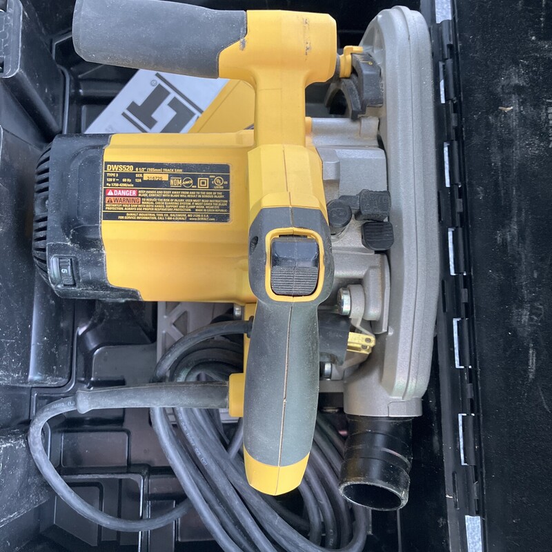 Track Saw, DeWalt, DWS520K<br />
<br />
Includes DeWalt 46\" Track and DeWalt 59\" track (usually sold seperately)<br />
<br />
Description from the manufacturer:<br />
Make any cut, anywhere, at any angle with this DEWALT Track Saw Kit. It delivers table saw precision, panel saw capacity and hand saw portability. The zero-clearance track system and dual, anti-splinter edges ensure perfectly straight, splinter-free cuts. The specially designed transmission and precision-ground, laser-cut woodworking blade minimize deflection to deliver a finished edge, just like a table saw. Any cut is possible, even bevel or inside plunge cuts. It's as easy as connecting the dots. Attach a vacuum to collect up to 90% of the dust and minimize cleanup.<br />
<br />
Highlights<br />
Includes DWS520K 6-1/2 in. Track Saw, 48-tooth, ultra-fine finishing blade, blade wrench, case<br />
For use with track saw dual-edged tracks (sold separately) for perfectly straight cuts in both directions<br />
Straight plunge mechanism for optimal ergonomics<br />
Continuous anti-kickback mechanism and riving knife prevent kickback when engaged<br />
Low profile blade guard allows saw to be used in confined spaces<br />
Universal 1-1/4 in. dust port for 90% efficient dust collection with vacuum<br />
Cuts through hardwoods, all common woodworking and construction material<br />
Great for ripping, crosscutting, mitering, inlay work, cutting cabinet openings, door trimming on hinges, cutting multiple pieces at once