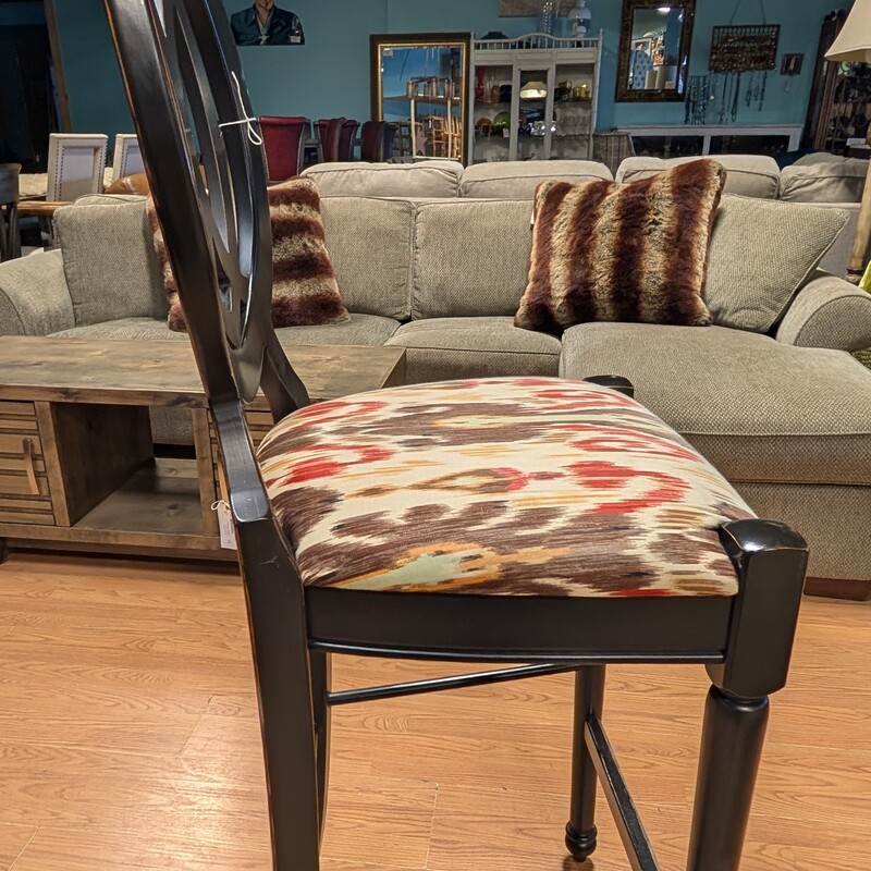 Custom Ikat Fabric Barstool, Multi, Black Wood<br />
18 x 17 x 51h<br />
Seat Height 31in
