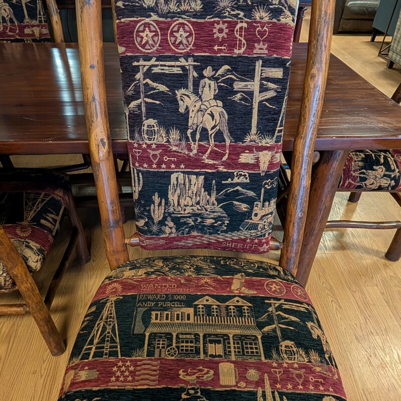 Hickory Dining Table, 8 Chairs<br />
102w x 40d<br />
Chairs 23 x 22 x 48h<br />
5ft x 11ft with Chairs pushed in