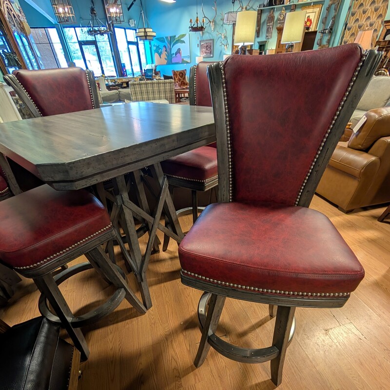Darafeev Bistro Set, Gray, 4 Tilt Stools
Red Leather
36 Square x 40.5h
Chairs 30 seat height x 48h back