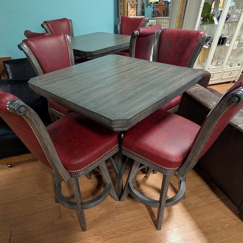 Darafeev Bistro Set, Gray, 4 Tilt Stools
Red Leather
36 Square x 40.5h
Chairs 30 seat height x 48h back