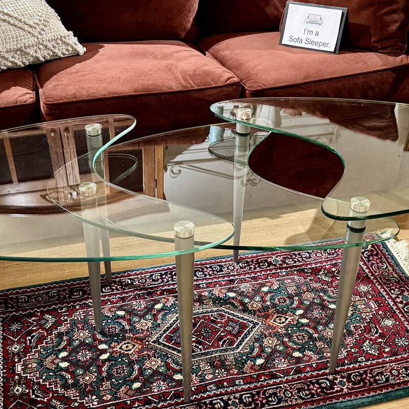 Table Coffee Glass & Metal, Boomerang Design, MCM, Size: 60x24x19