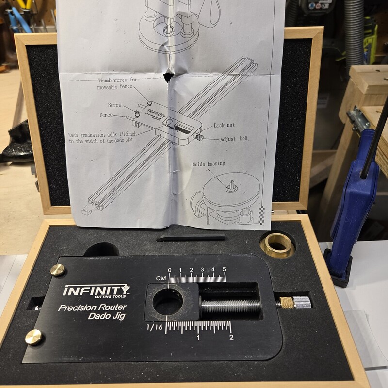 Precision Router Dado Jig, Infinity Tools

Make Perfect Fitting Dado Joints Quickly & Easily With Our New Jig!

Use your hand-held router and this exclusive new jig to make precise dado joints quickly and with confidence. Built from a solid piece of aluminum, this router jig allows you to make precise dados, rabbets and mortises up to 2\" wide in exact 1/16\" increments. It will work with any of our 2\" wide PRO-GRIP straight edge clamps and comes with one ¾\" brass template guide and locking ring. Does not include clamp-n-guide.

Features Include:

Makes accurate cuts up to 2\" wide in 1/16\" increments
Dado length limited only by the length of your straight edge clamp
Solid aluminum construction for years of service
Will work with any handheld router that accepts Porter Cable style bushings (1-3/16\" base opening)
Use any straight or spiral router bit up to 3/4\" cutting diameter
Fits over any 2\" wide PRO-GRIP straight edge clamp
Comes with a 3/4\" brass template guide (accepts up to a 3/4\" diameter straight or spiral bit)
Steel rollers insure smooth and accurate rolling action