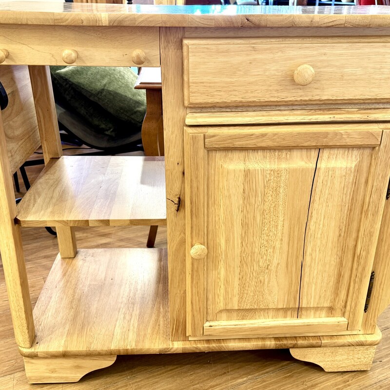 Kitchen Island On Wheels, Size includes 14 Inch Drop Leaf,  Size: 38x20x33  AS IS