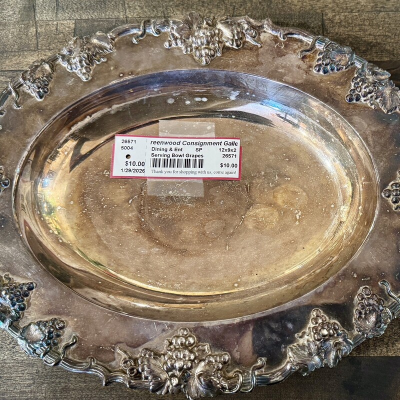 Serving Bowl Grapes, Silver Plate,
Size: 12x9x2