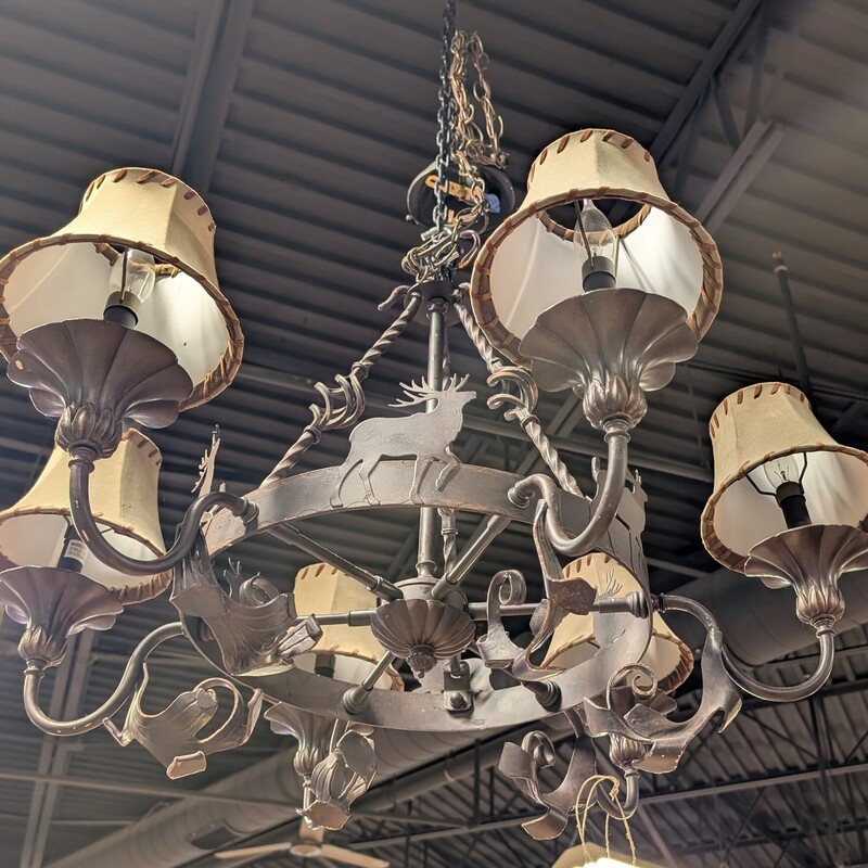 Chandelier 6 Light W/Elk, Suede, Shades
32 x 24h