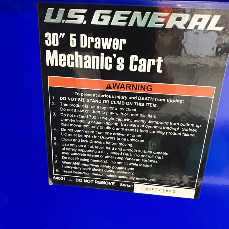 Mechanics Tool Cart, U.S. General, 30in<br />
5 Drawer<br />
<br />
The U.S. GENERAL® Mechanics Cart is equipped with a 5-drawer setup optimized for tool storage. The cart has 15,000 cu. in. of total overall storage, 6900 cu. in. of lockable storage, and a 700 lb. load capacity. With rolled drawer edges, full-width drawer latches, precut nonslip drawer liners, a side can holder, and an integrated power port, this mechanics cart is loaded with the features you need, including an integrated barrel lock to secure all the drawers. Durable full-extension ball bearing slides and a tough powder-coated finish mean this cart is up to the task at hand whether it's in the local automotive shop or in your own garage. The U.S. GENERAL® cart line is designed internally by our Harbor Freight engineering team to precise industry-leading standards, and every specification and feature is rigorously tested in our state-of-the-art testing facility in the USA. The combination of quality materials, precise standards, and rigorous testing provides you with peace of mind knowing this cart is high quality and is resilient for a long service life.<br />
<br />
15,000 cu. in. of total storage space and 6900 cu. in. of lockable storage<br />
700 lb. weight capacity<br />
5 drawers and 1 side can holder for easy organization of hand tools, power tools, and more<br />
Integrated power port allows for charging tools while lid is closed<br />
Durable full-extension ball bearing drawer slides support up to 75 lb. per pair<br />
Full-width drawer latches allow for easy opening from anywhere on the drawer<br />
5 in. casters (2 fixed, 2 locking swivel) provide easy mobility when fully loaded<br />
Gas struts provide assisted lid opening to 90°<br />
Automatic drawer locking and integrated barrel-lock system keep tools safe and secure<br />
Tough powder-coated gloss finish for wear and rust resistance