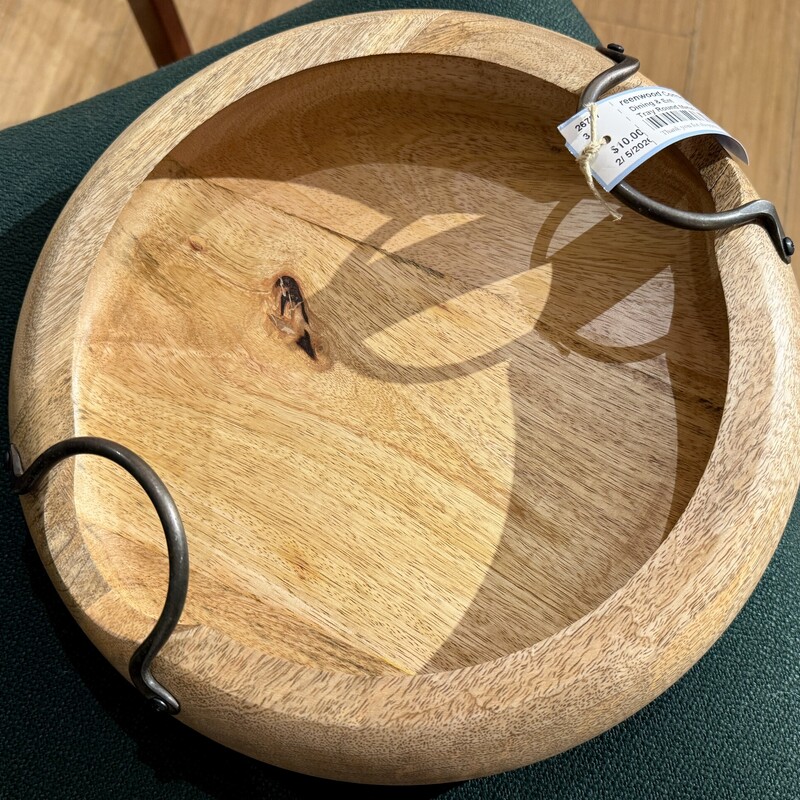 Tray Round Metal Handles, Wood, Size: 11Diam