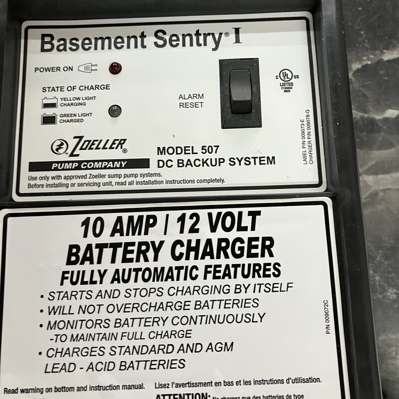 Battery Backup Sump Pump, Zoeller, Basement Sentry I