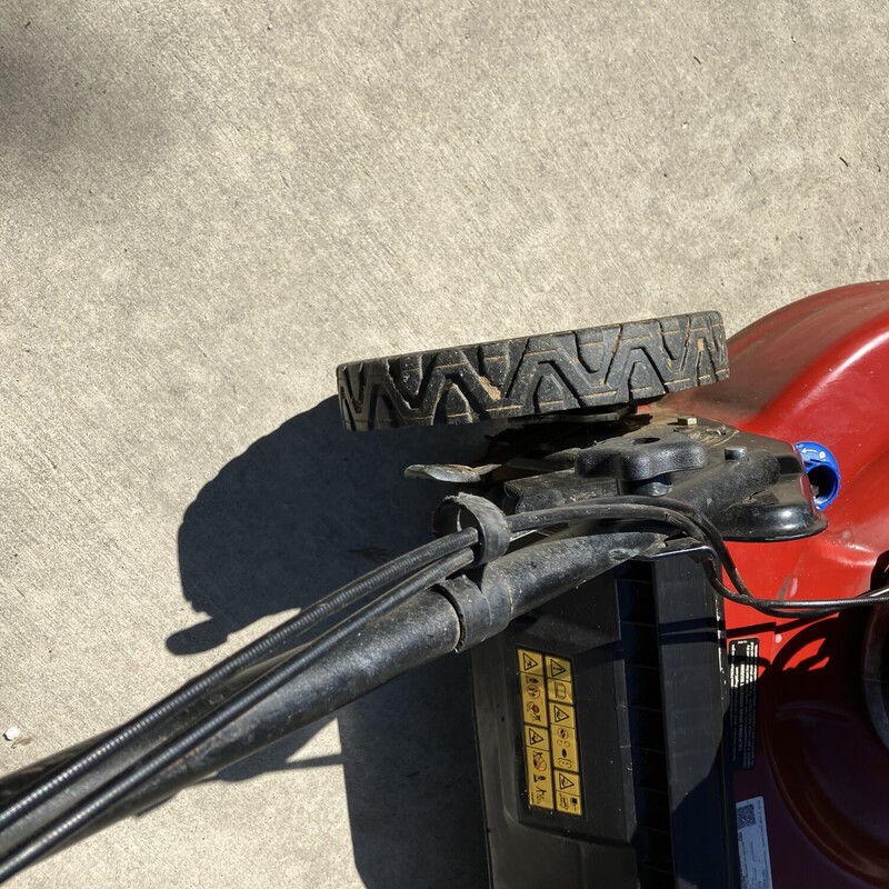 Self-propelled Lawnmower, Toro,
Honda Engine

Lawnmower is fully functional. NOTE: There is a repair to the self propelled cable (pictured).  Rear wheels were replaced with aftermarket wheels and they are wobbly (could probably be fixed by adding washers)