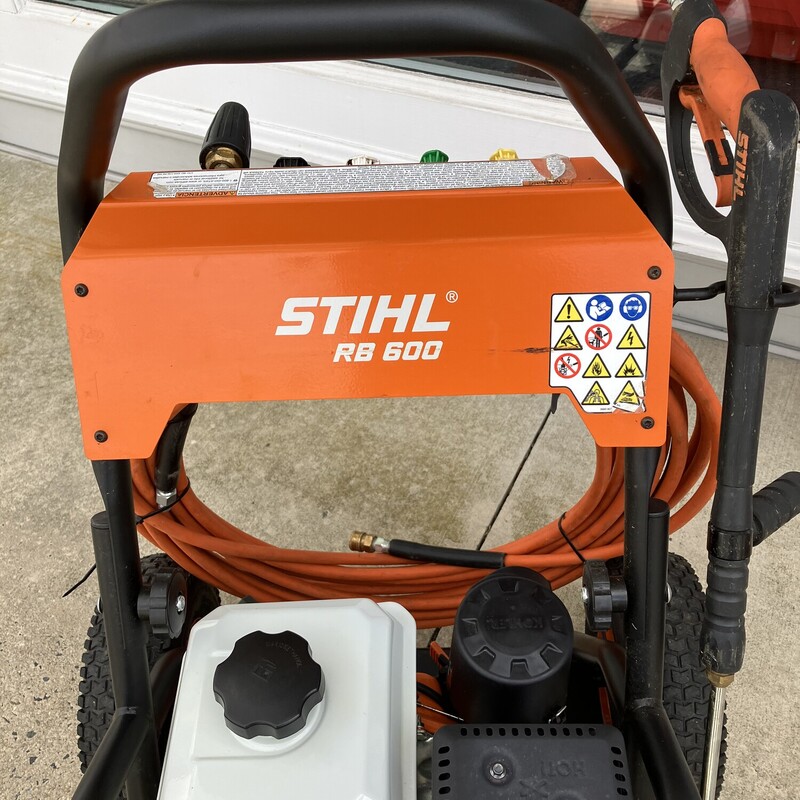 Pressure Washer, STIHL, RB 600

The STIHL RB600 is a powerful and versatile pressure washer designed for heavy-duty cleaning tasks. With a maximum pressure output of 3,200 PSI and a water flow rate of up to 3.0 GPM, this pressure washer is capable of removing even the toughest dirt, grime, and stains from a variety of surfaces.

The RB600 is powered by a reliable 208cc engine that provides consistent and efficient performance. It also features a triplex pump with an adjustable pressure unloader valve, which allows you to easily adjust the pressure output to suit the cleaning task at hand. The pressure washer also includes a detergent injection system that makes it easy to apply cleaning solutions to surfaces for even more effective cleaning.

The RB600 is designed with user comfort and convenience in mind. It has a durable and heavy-duty frame with large, air-filled tires that make it easy to maneuver over rough terrain. The pressure washer also features an ergonomic spray gun with a soft grip handle, as well as a 50-foot high-pressure hose that provides plenty of reach for cleaning large areas.

Overall, the STIHL RB600 is a powerful and reliable pressure washer that is ideal for heavy-duty cleaning tasks. It provides the performance, versatility, and safety features needed to tackle a wide range of cleaning tasks with ease, making it a valuable addition to any homeowner or professional's cleaning arsenal.