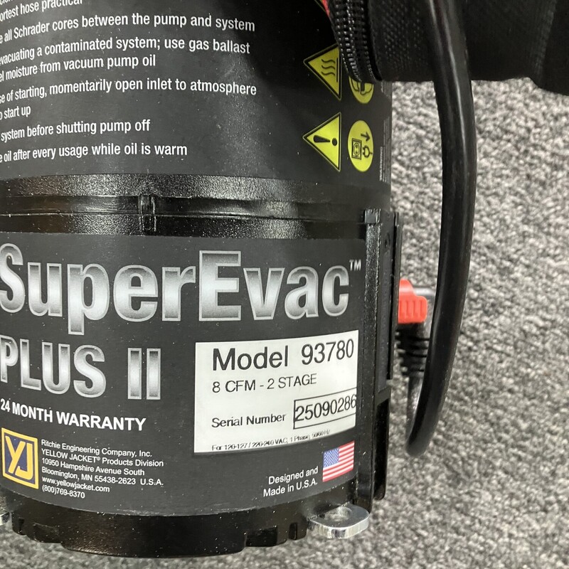 Vacuum Pump, Yellow Jacket<br />
93780 SuperEvac Plus II Vacuum Pump with Brushless DC (BLDC) Motor, 8 CFM<br />
<br />
The SuperEvac Plus II is an 8 CFM, HP, 2-stage vacuum pump designed with a high-torque, high-efficiency brushless DC (BLDC) motor for optimal vacuum performance.<br />
<br />
**Comes outfitted as shown**