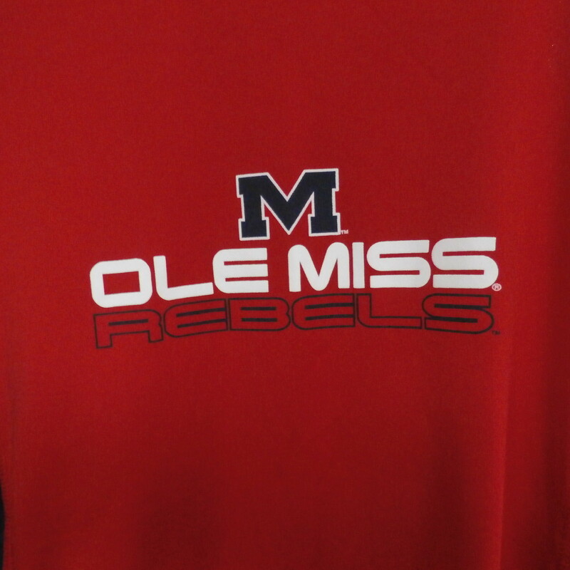 Pro Player Ole MIss Rebels Men's Red size Large 100% polyester  #17012<br />
Rating:   (see below) 3- Good Condition<br />
Team:Ole MIss Rebels<br />
Player: Team<br />
Brand: Pro Player<br />
Size: Large - Men's (Measured Flat: Across chest 22\", length 28\")<br />
Measured flat: armpit to armpit; top of shoulder to the hem<br />
Color: Red<br />
Style: Short sleeve<br />
Material: 100% Polyester<br />
Condition: - 3- Good Condition - Wrinkled;minor snags; minor pilling; fuzz on material;<br />
Item #: 17012<br />
Shipping: $3.37