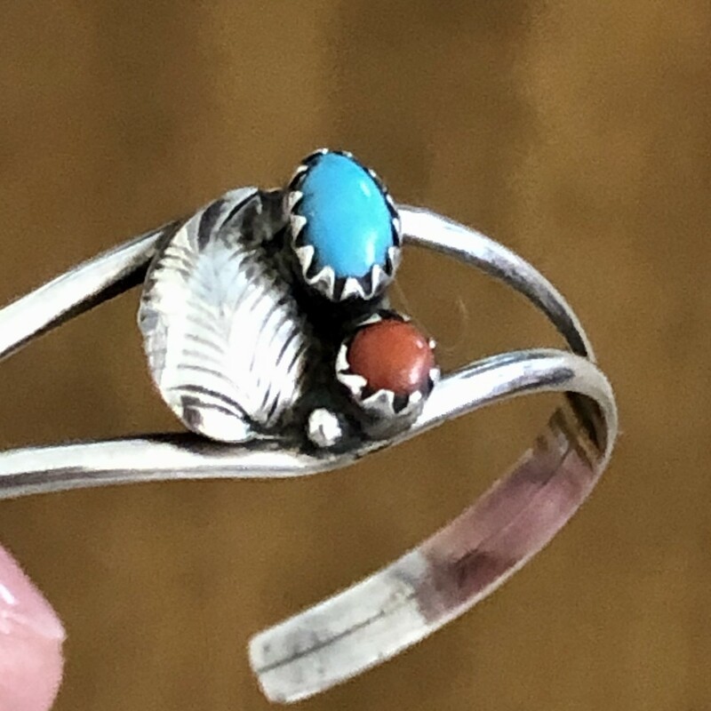 Native American Sterling Turquoise & Coral Cuff baby bracelet. Just under 1.5in. This would be a sweet baby shower gift!