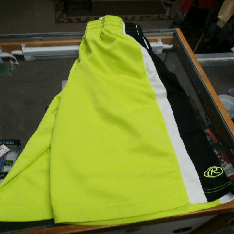 Rawlings Men's Basketball Shorts Neon Green Size Large 100% Polyester #17945
Rating:   (see below) 3 - Good Condition
Team: n/a
Player: n/a
Brand: Rawlings
Size: Large - Men's (Measured Flat: across waist 15\", length 23\"; inseam: 11\")
Color: Green
Style: athletic shorts; drawstring; elastic waist; pockets
Material: 100% Polyester
Condition: 3- Good Condition - wrinkled; material is slightly faded and discolored; pilling and fuzz are present; a few minor snags
Item #: 17945
Shipping: FREE