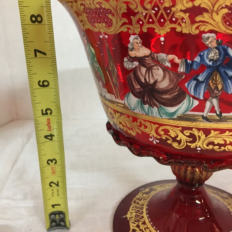 Gorgeous Venetian ruby compote. Victorian figures on bowl.