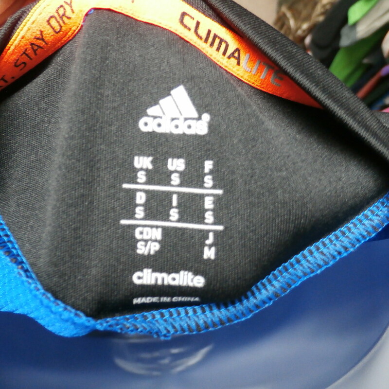 Adidas Men's You Sweat Stay Dry with Climalite Shirt Blue/Black Size Small #19281
Rating:   (see below) 3- Good Condition
Team: n/a
Player: n/a
Brand: Adidas
Size : Small - Men's ( Chest: 18\" x Length: 27\" ) measured armpit to armpit and shoulder to hem
Color: Blue/Black
Style: You Sweat Stay Dry with Climalite
Material : 100% Polyester
Condition: 3 -Good Condition -  minor pilling and fuzz; slight stretching; slight discoloration; minor snags throughout the shirt  (see photos)
Item #: 19281
Shipping: FREE