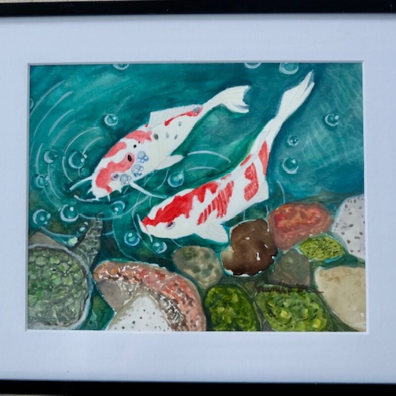 Title:   The Memory of NIshiki Koi,  Artist:  Namiko Mahony, Medium:  Watercolor, Size:  8 x10, Statement:<br />
In spring when I go this pond, I will be able to see the beautiful Irises, Water Lilies around the pond and the hill covered Hydrangeas.  I was able to see beautiful a pair of Nishiki Kois in the pond at Kamakura Japan.  I had a cup of green tea and mochi on the bench and relaxed.  I just wanted to share with thid painting of my experience.