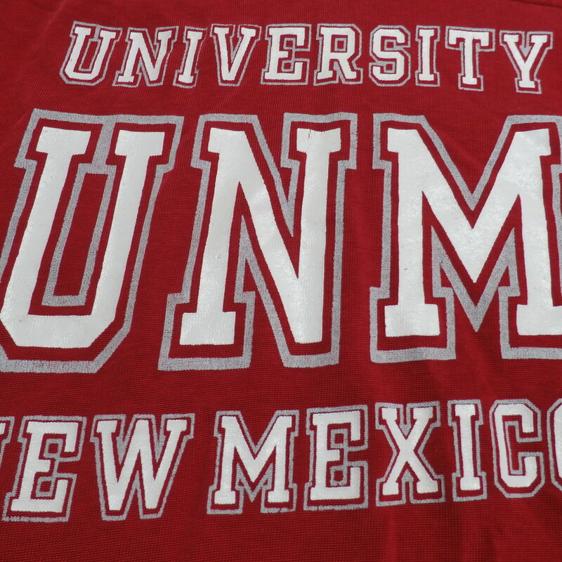 Vintage Champion YOUTH New Mexico Lobos Jersey Shirt red size L 14-16 #20357
Rating: (see below) 3 - Good Condition
Team: University New Mexico Lobos- Brian Urlacher
Player:  n/a
Brand: Champion- Vintage Style
Size : Large (14-16)- YOUTH( Measures Chest 17\" ; Length 25\") armpit to armpit; shoulder to hem
Color: Red
Style: short sleeve almost 3/4 sleeve; screen pressed; Vintage hard to find jersey/shirt; very cool item
Material: 50% cotton 50% nylon
Condition: 3 - Good Condition - wrinkled; light pilling and fuzz; slightly stretched from wear and wash; clean and crisp; slight wearing of the logos; light stain on the lining that shows through to the L sleeve and light stain on the R shoulder
Item #: 20357
Shipping: FREE