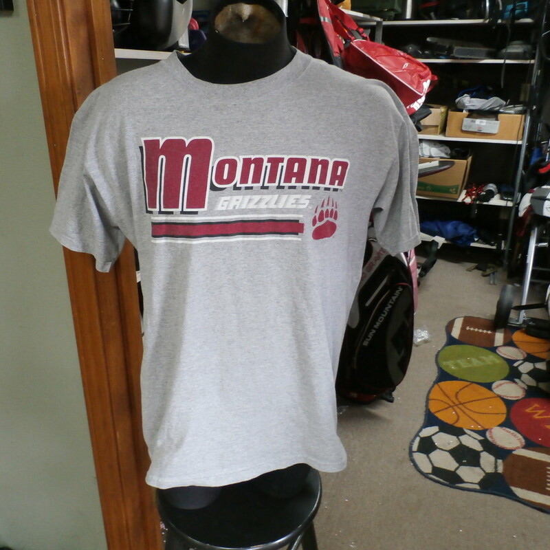 Montana Grizzlies Men's T shirt gray size Large cotton blend #20346<br />
Rating: (see below) 4 - Fair Condition<br />
Team: Montana Grizzlies<br />
Player:  Team<br />
Brand: Greatshirts<br />
Size : Large- Men's (Chest: 21.5\" ; Length: 29\" ) armpit to armpit & shoulder to hem<br />
Color: Gray<br />
Style: T Shirt; screen pressed<br />
Material: 90% Cotton; 10% Polyester<br />
Condition: 4 - Fair Condition - wrinkled; light pilling and fuzz; stretched from wear and wash; neck is stretched out from use; the fabric is faded and discolored; logo has slight cracking and wearing; 2 tiny small brown stains at the front of the neck; has a worn look to it<br />
Item #: 20346<br />
Shipping: FREE