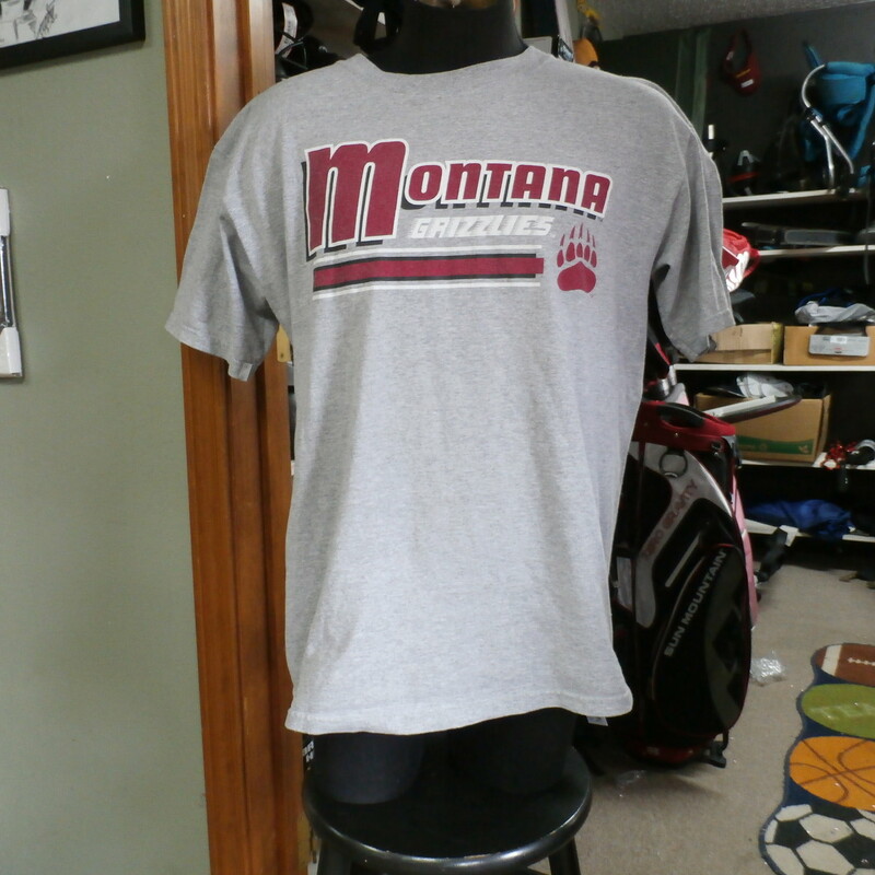 Montana Grizzlies Men's T shirt gray size Large cotton blend #20346<br />
Rating: (see below) 4 - Fair Condition<br />
Team: Montana Grizzlies<br />
Player:  Team<br />
Brand: Greatshirts<br />
Size : Large- Men's (Chest: 21.5\" ; Length: 29\" ) armpit to armpit & shoulder to hem<br />
Color: Gray<br />
Style: T Shirt; screen pressed<br />
Material: 90% Cotton; 10% Polyester<br />
Condition: 4 - Fair Condition - wrinkled; light pilling and fuzz; stretched from wear and wash; neck is stretched out from use; the fabric is faded and discolored; logo has slight cracking and wearing; 2 tiny small brown stains at the front of the neck; has a worn look to it<br />
Item #: 20346<br />
Shipping: FREE